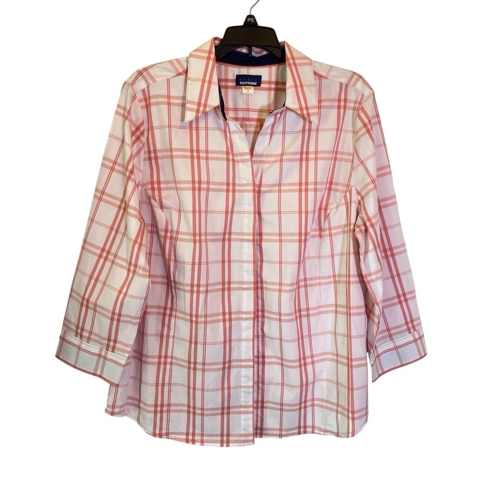 Basic Editions Women Size XL 3/4 Sleeve Pink Coral Plaid Button Up Shirt Blouse